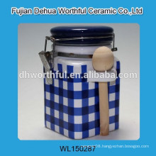 New design ceramic blue seal pot with wooden spoon